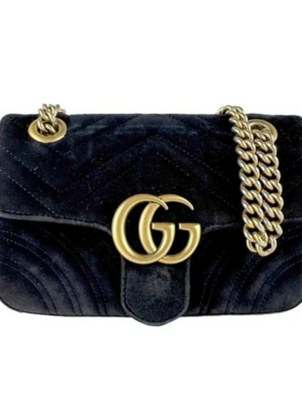 Auth GUCCI GG Marmont Shoulder Bag Black/Gold Velvet/Metal - z10759